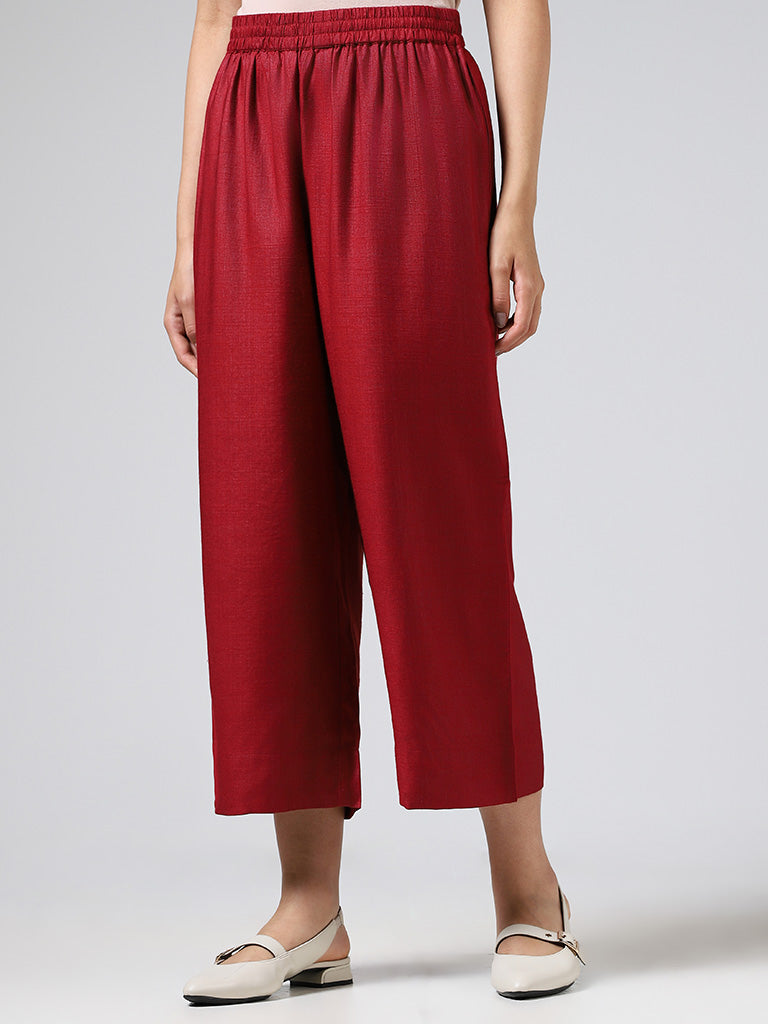 Zuba Solid Maroon Cotton Blend Palazzos