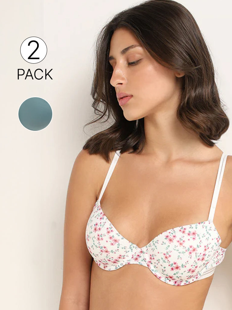 Wunderlove White Ditsy Floral Printed Bra - Pack of 2