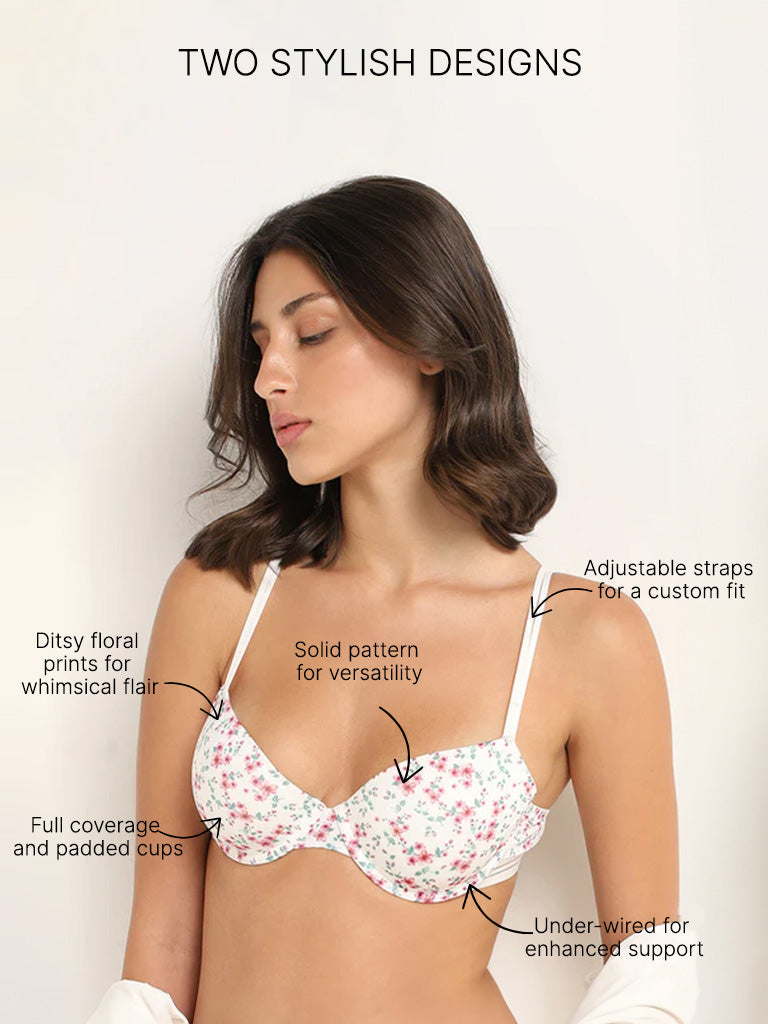 Wunderlove White Ditsy Floral Printed Bra - Pack of 2