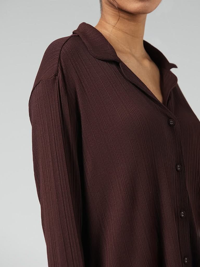 Wunderlove Dark Brown Ribbed Buttondown Supersoft Shirt