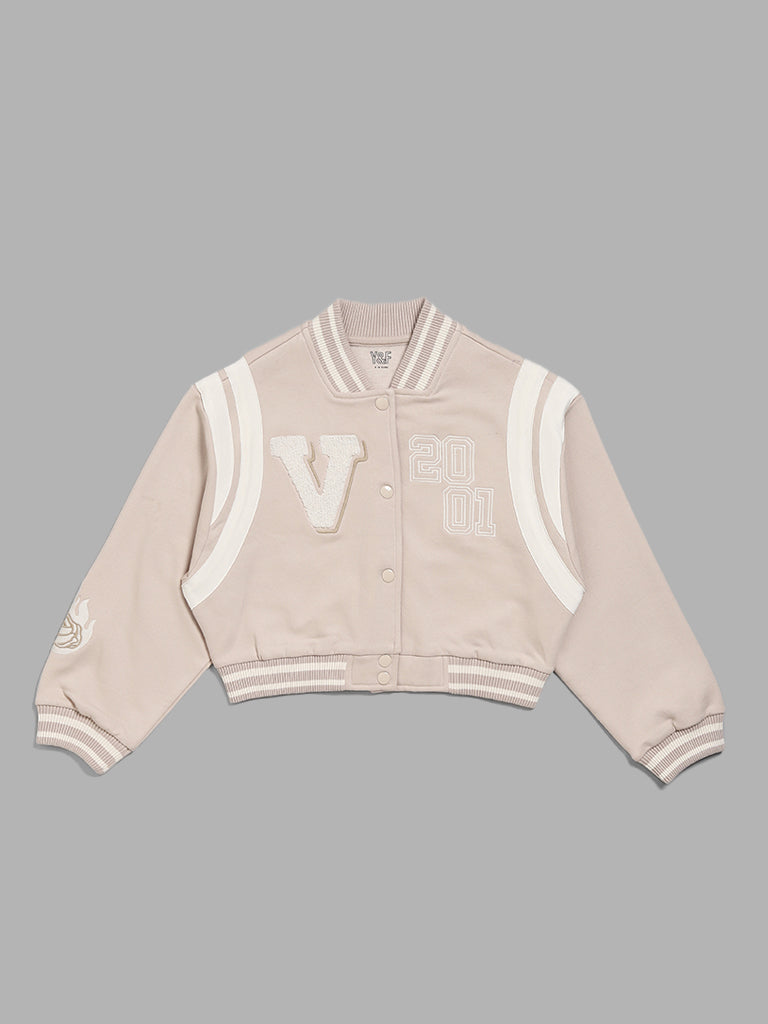 Y&F Kids Beige Embroidered University Jacket