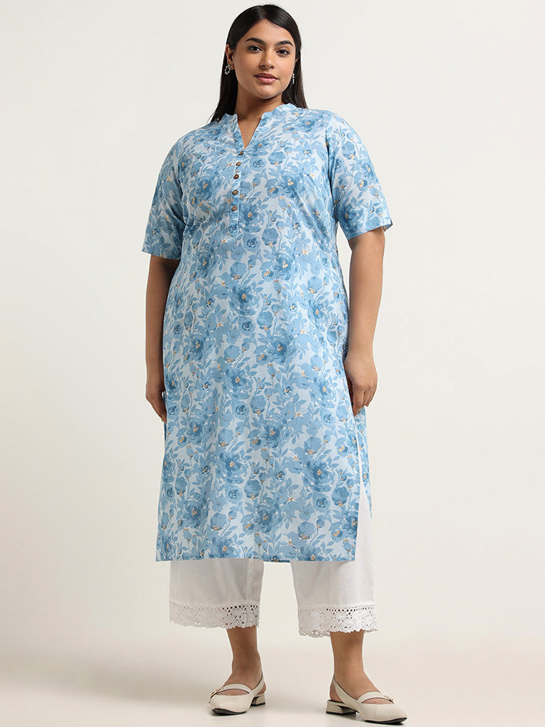 Diza Blue Floral Printed Cotton Kurta