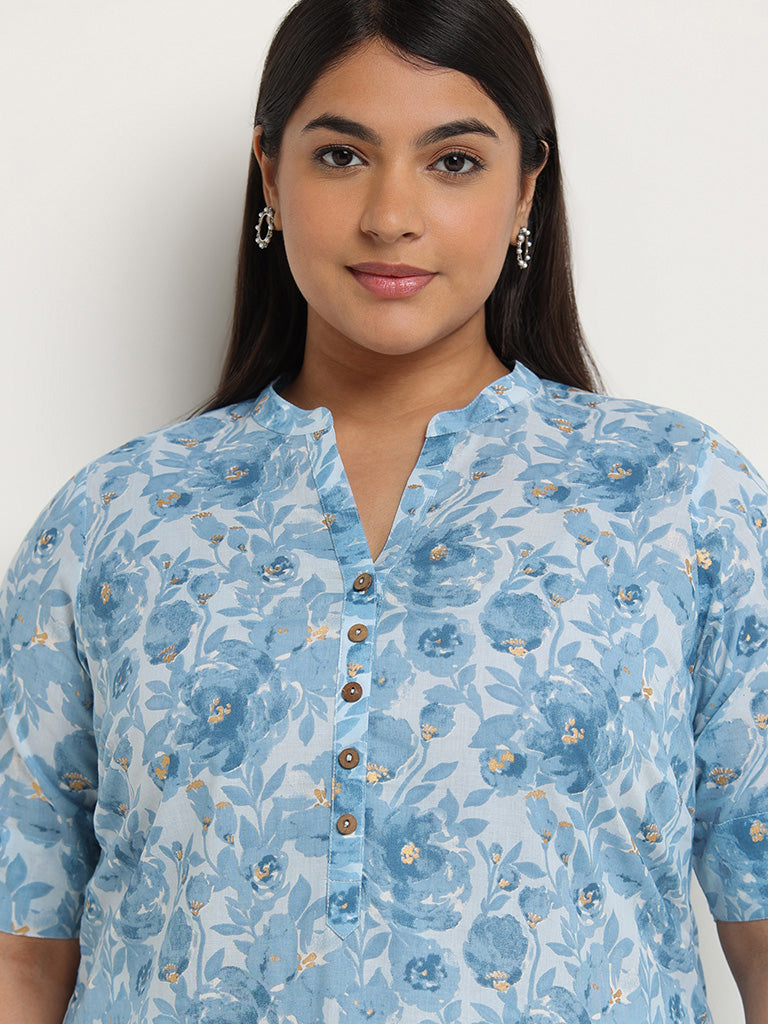 Diza Blue Floral Printed Cotton Kurta