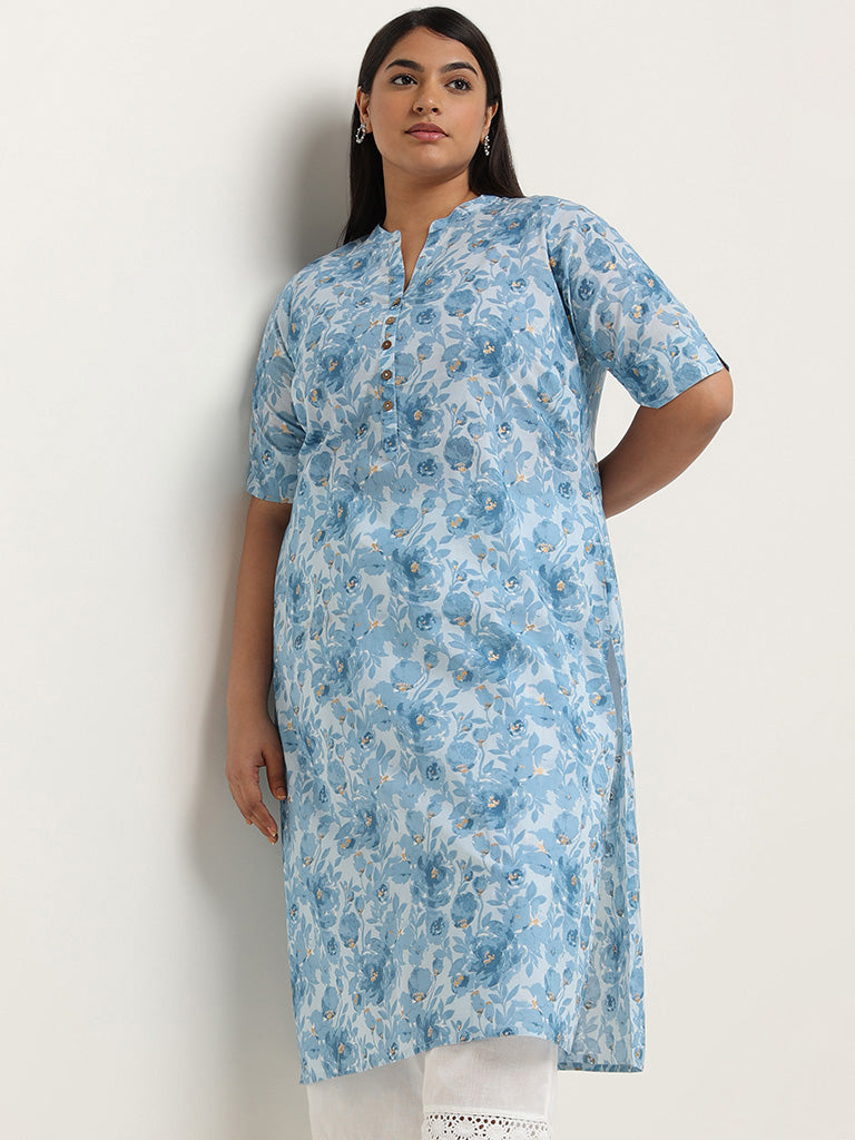 Diza Blue Floral Printed Cotton Kurta