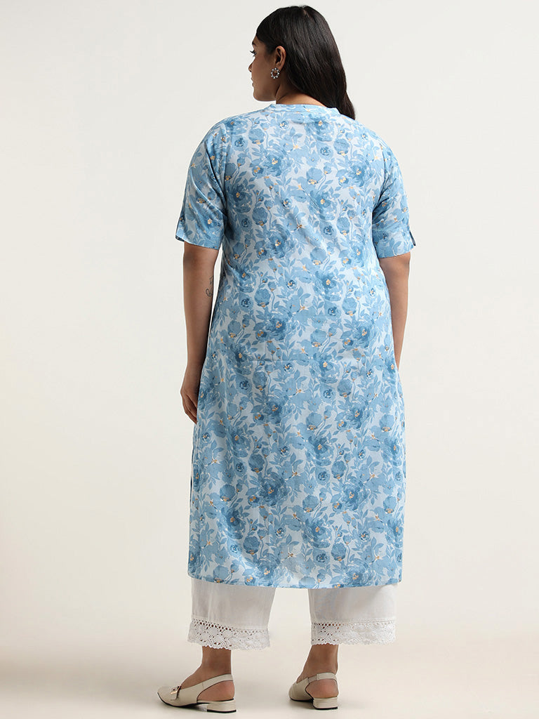 Diza Blue Floral Printed Cotton Kurta