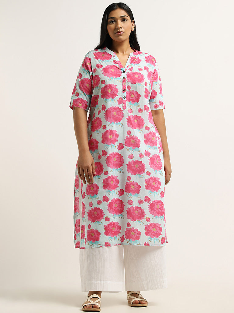 Diza Blue Floral Printed Cotton Kurta