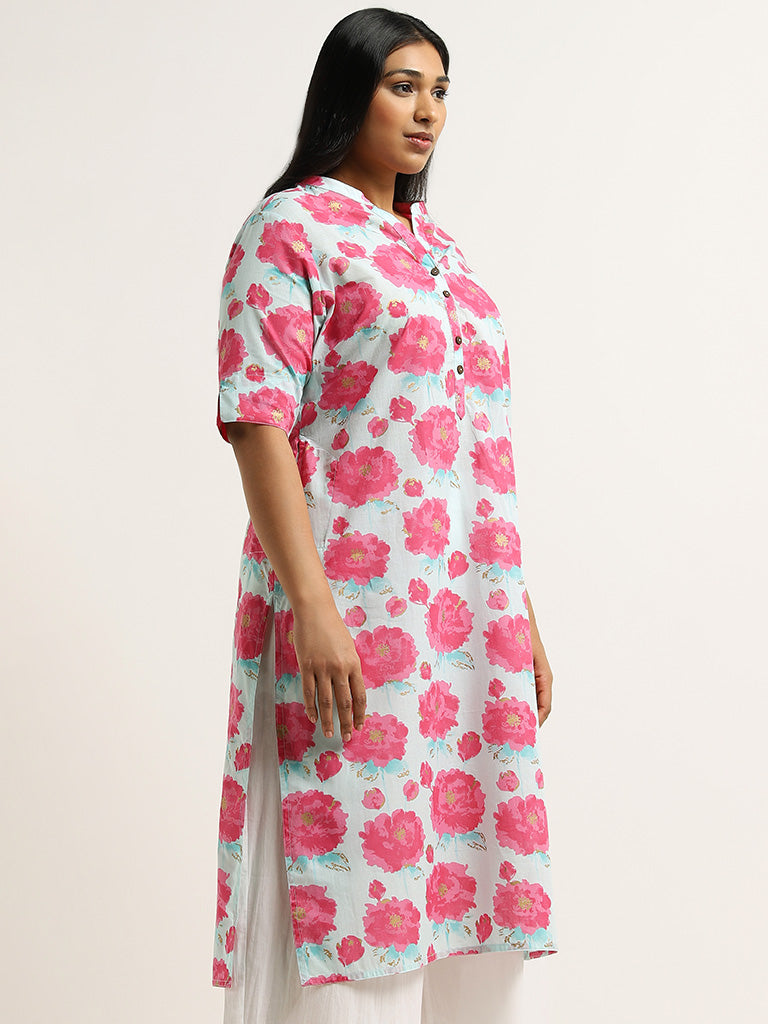 Diza Blue Floral Printed Cotton Kurta