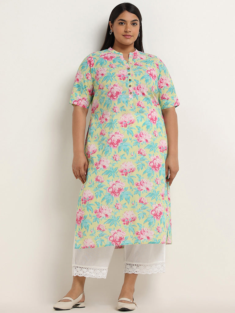 Diza Lime Floral Printed Cotton Kurta