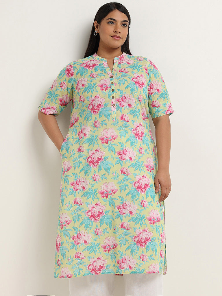 Diza Lime Floral Printed Cotton Kurta