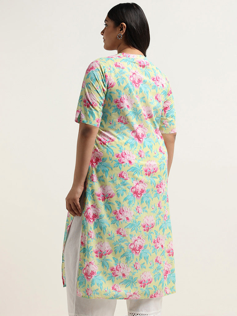 Diza Lime Floral Printed Cotton Kurta