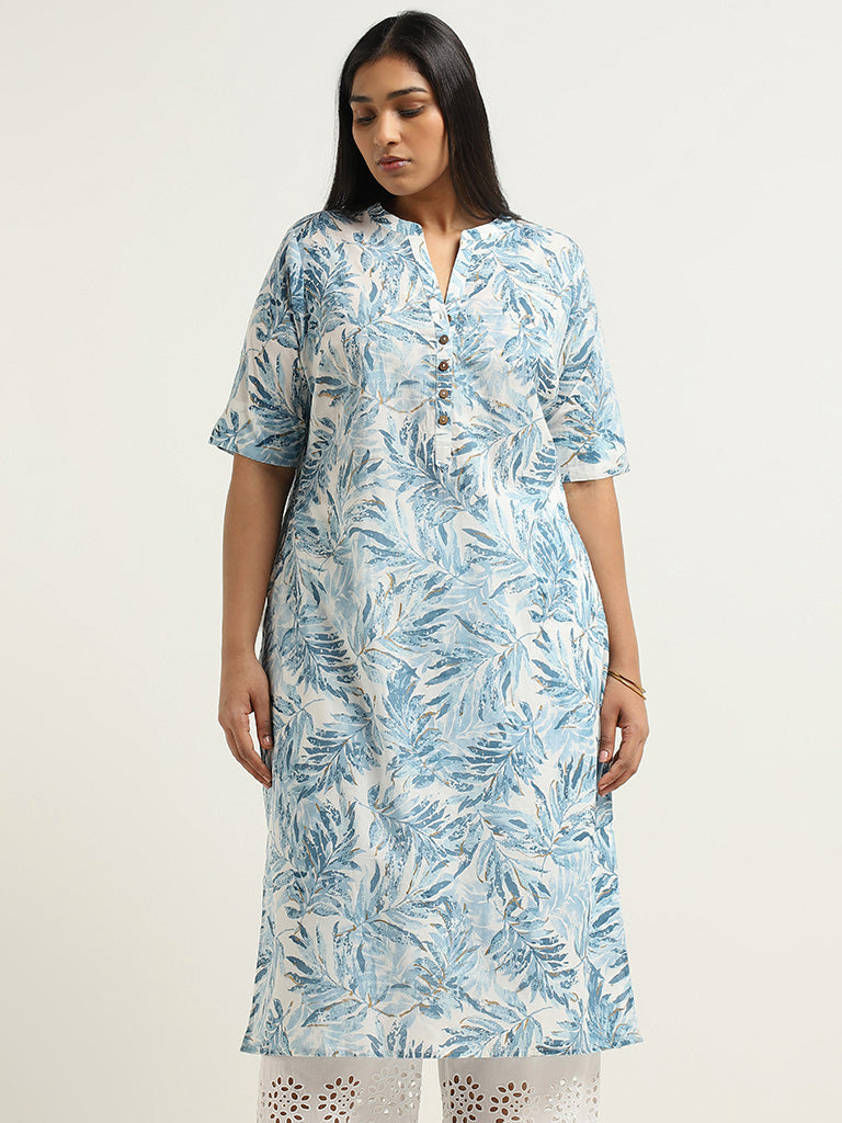 Diza Blue Leaf Printed Cotton Kurta