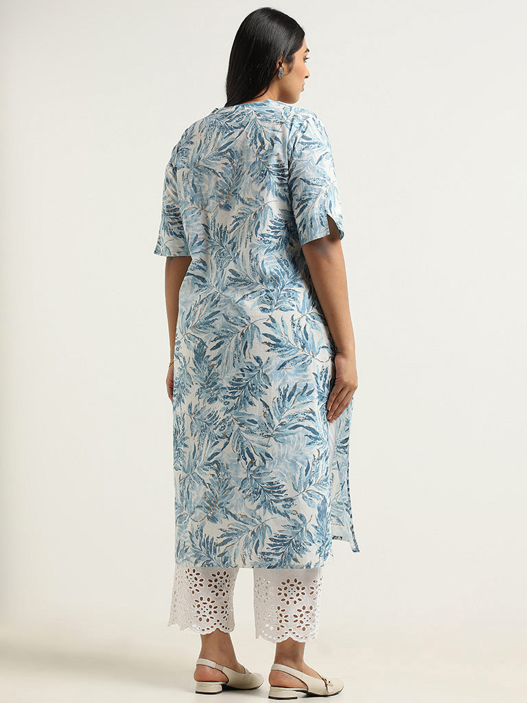 Diza Blue Leaf Printed Cotton Kurta