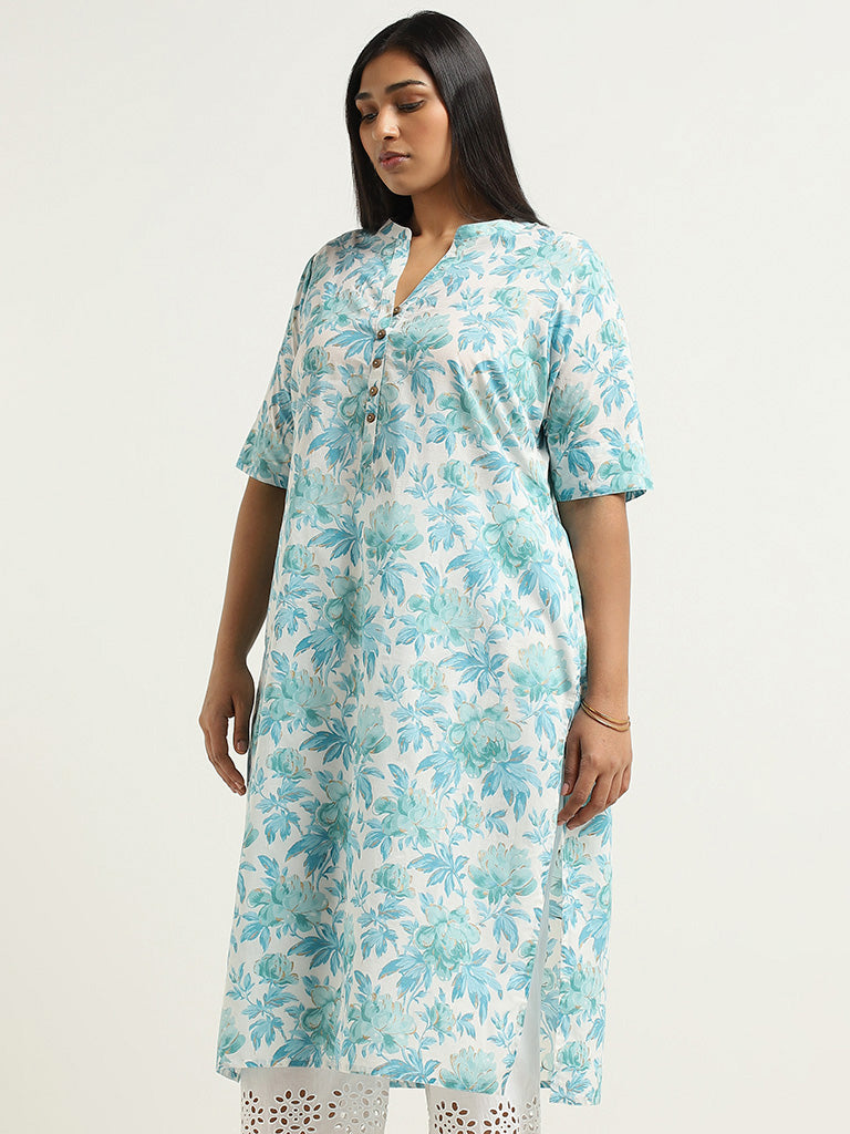 Diza Blue Floral Printed Cotton Kurta