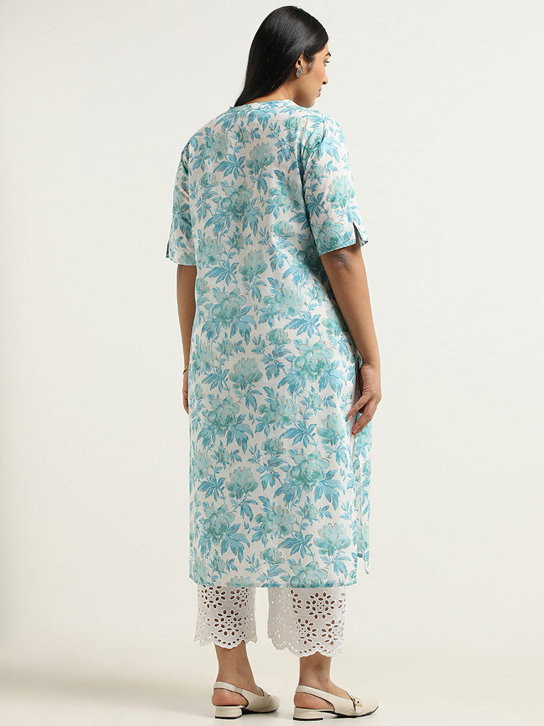 Diza Blue Floral Printed Cotton Kurta