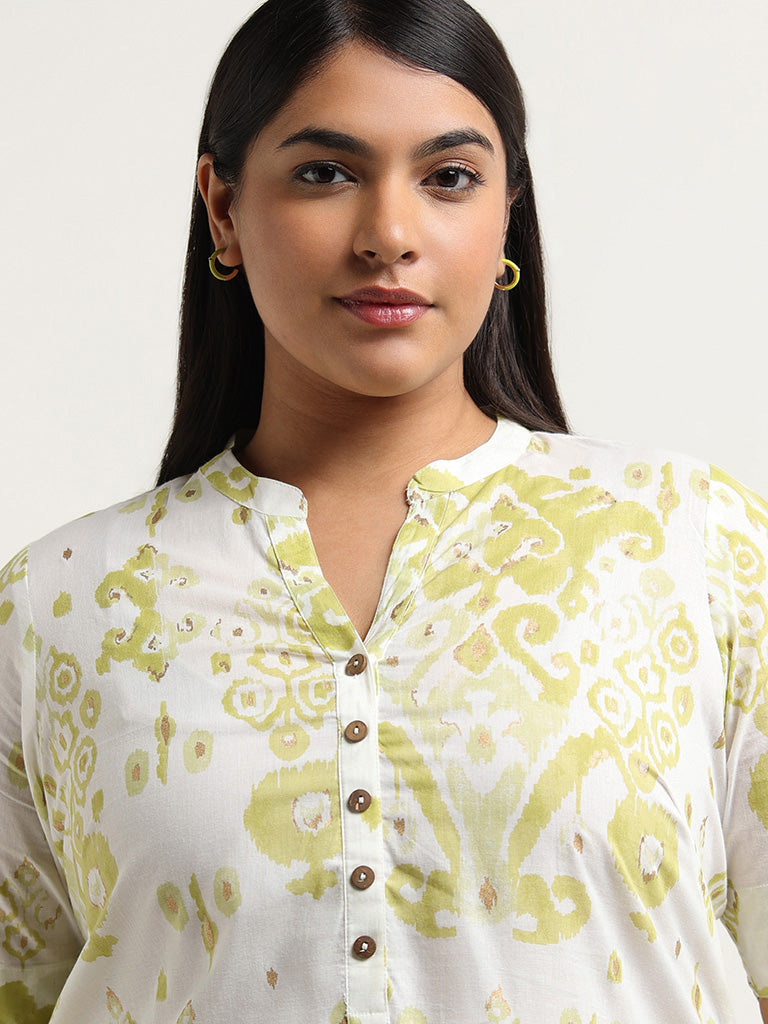 Diza White Ikat Printed Cotton Kurta