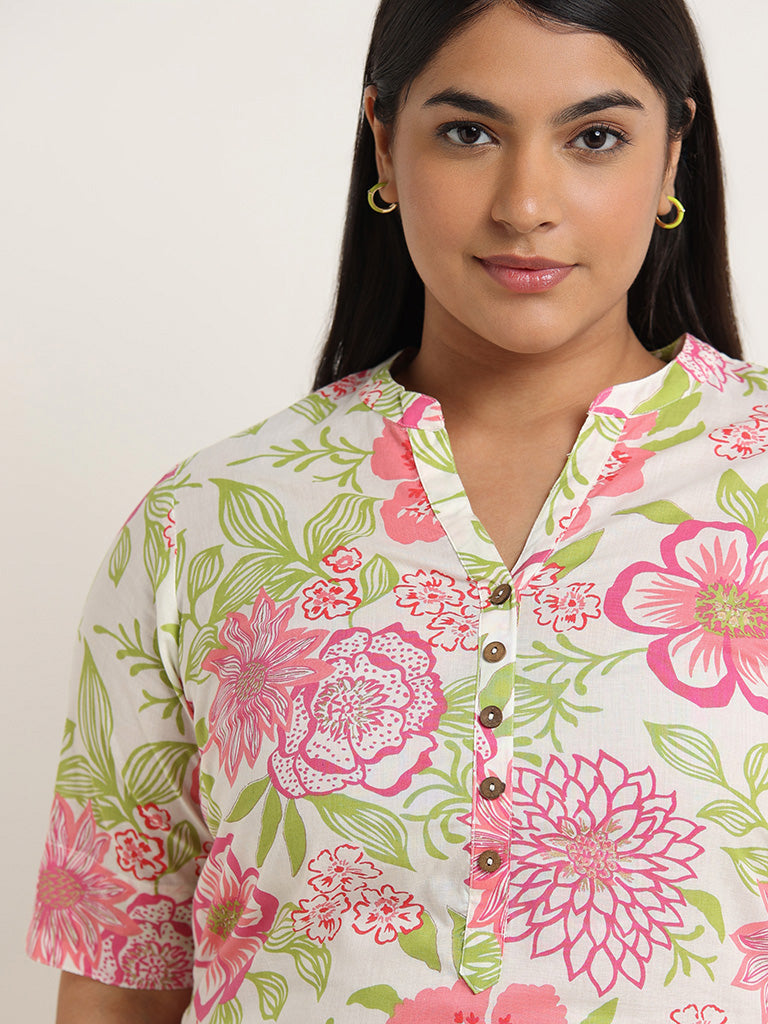 Diza White Floral Printed Cotton Kurta