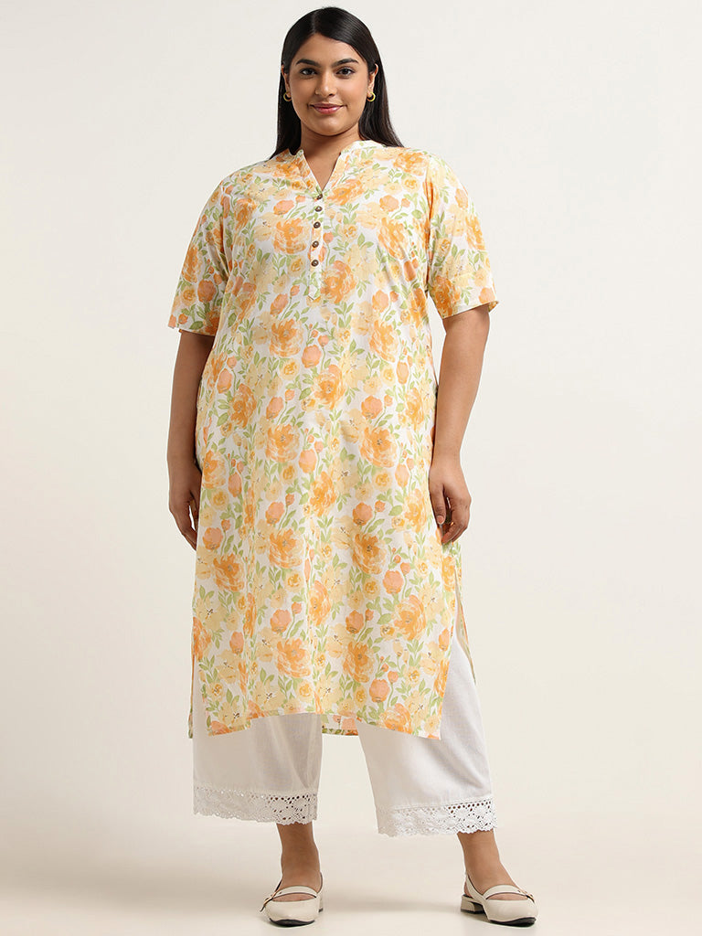 Diza Yellow Floral Printed Cotton Kurta