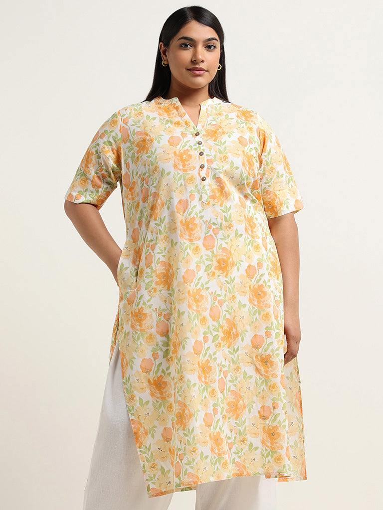 Diza Yellow Floral Printed Cotton Kurta