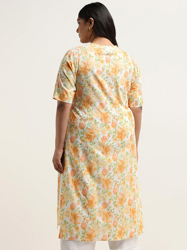 Diza Yellow Floral Printed Cotton Kurta