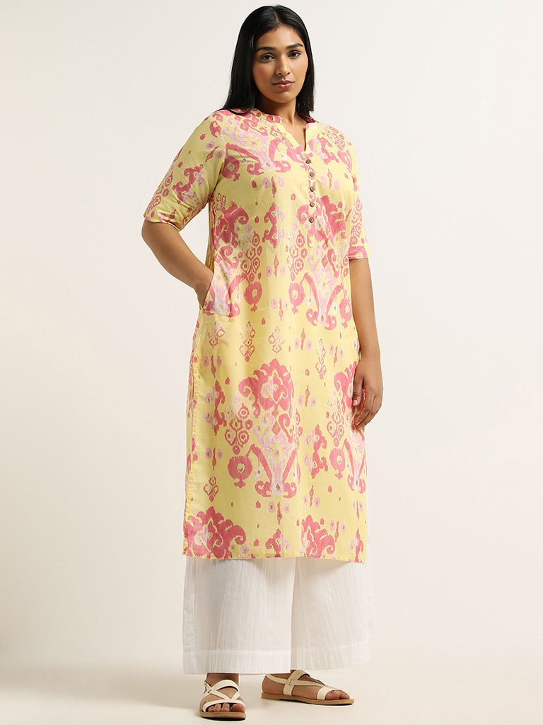 Diza Yellow Ikkat Printed Cotton Kurta