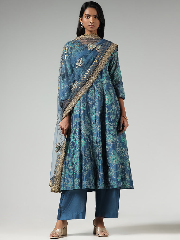 Vark Blue Floral Printed Button-down Cotton Kurta, Palazzos, Inner and Dupatta Set