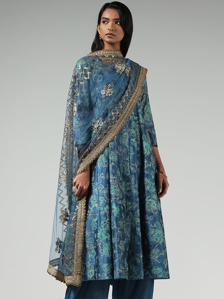 Vark Blue Floral Printed Button-down Cotton Kurta, Palazzos, Inner and Dupatta Set