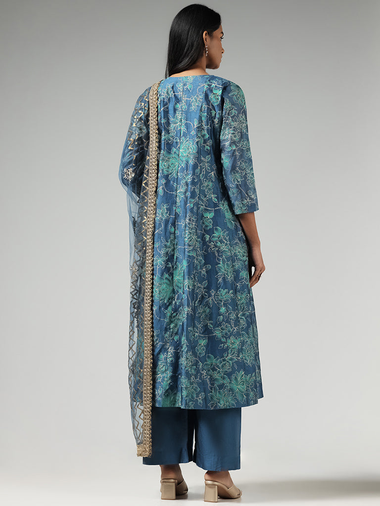 Vark Blue Floral Printed Button-down Cotton Kurta, Palazzos, Inner and Dupatta Set