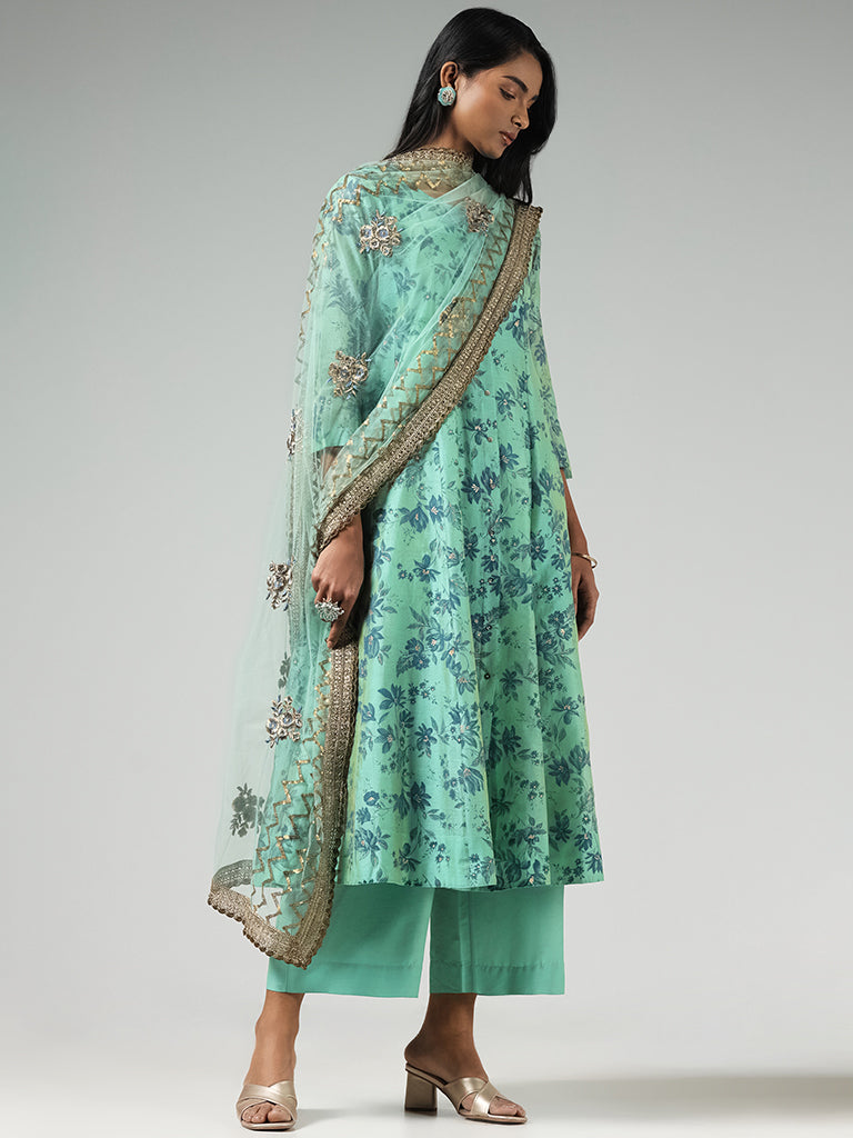 Vark Green Floral Printed Button-down Cotton Kurta, Palazzos, Inner and Dupatta Set