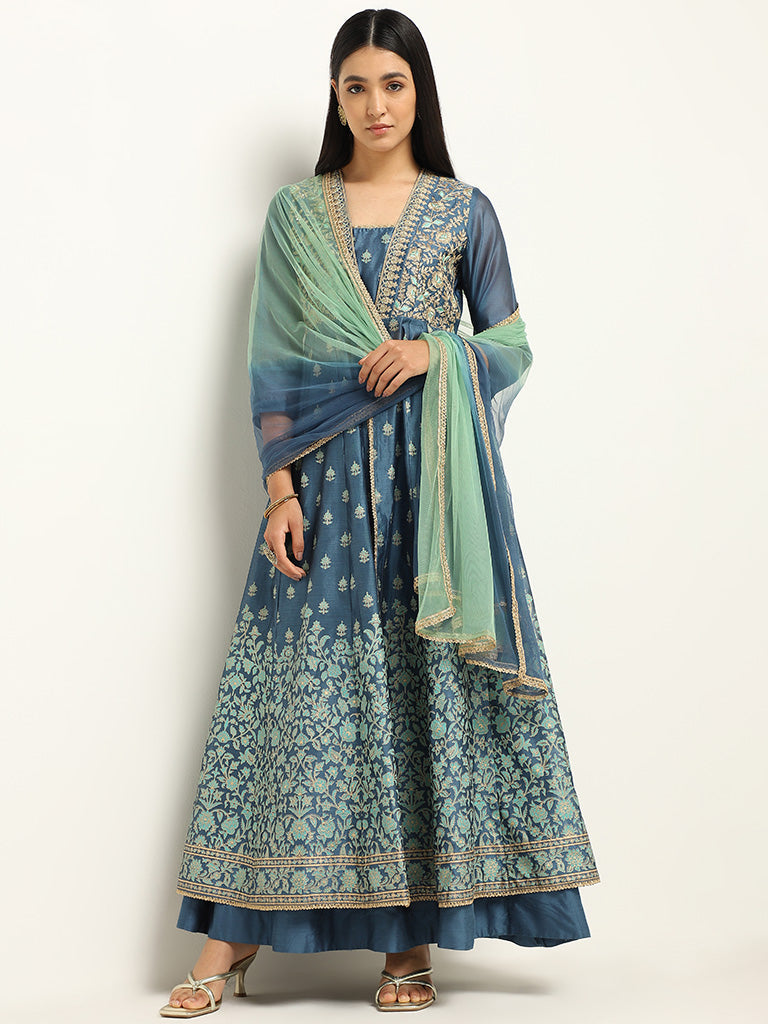 Vark Blue Zardozi Embroidered Cotton Blend Kurta with Skirt and Dupatta