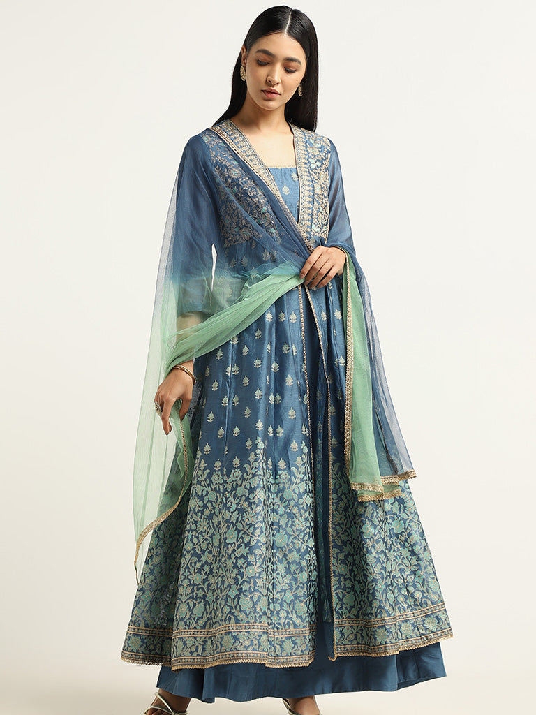 Vark Blue Zardozi Embroidered Cotton Blend Kurta with Skirt and Dupatta