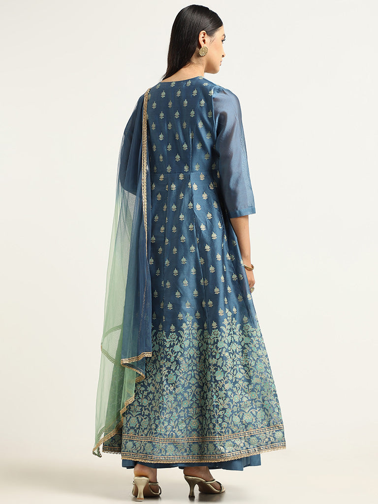 Vark Blue Zardozi Embroidered Cotton Blend Kurta with Skirt and Dupatta