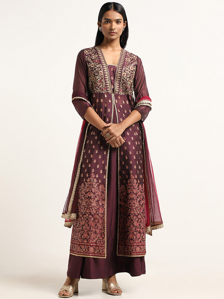 Vark Purple Embroidery Cotton Blend Kurta, Skirt and Dupatta Set