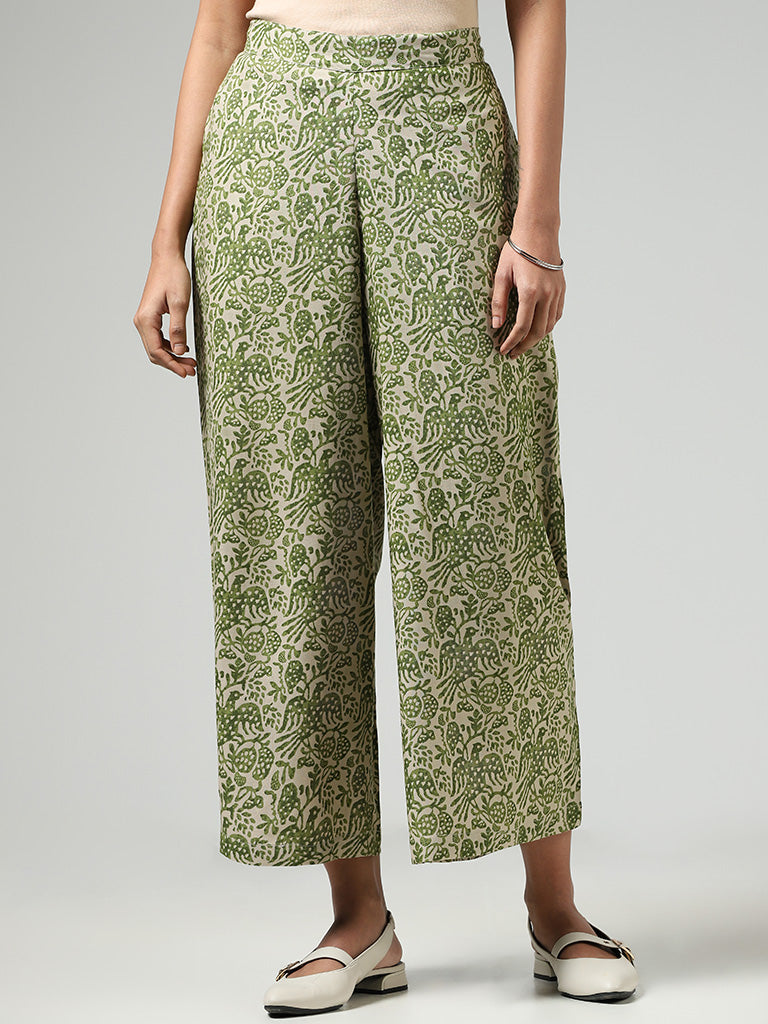 Utsa Olive Nature Printed Palazzos