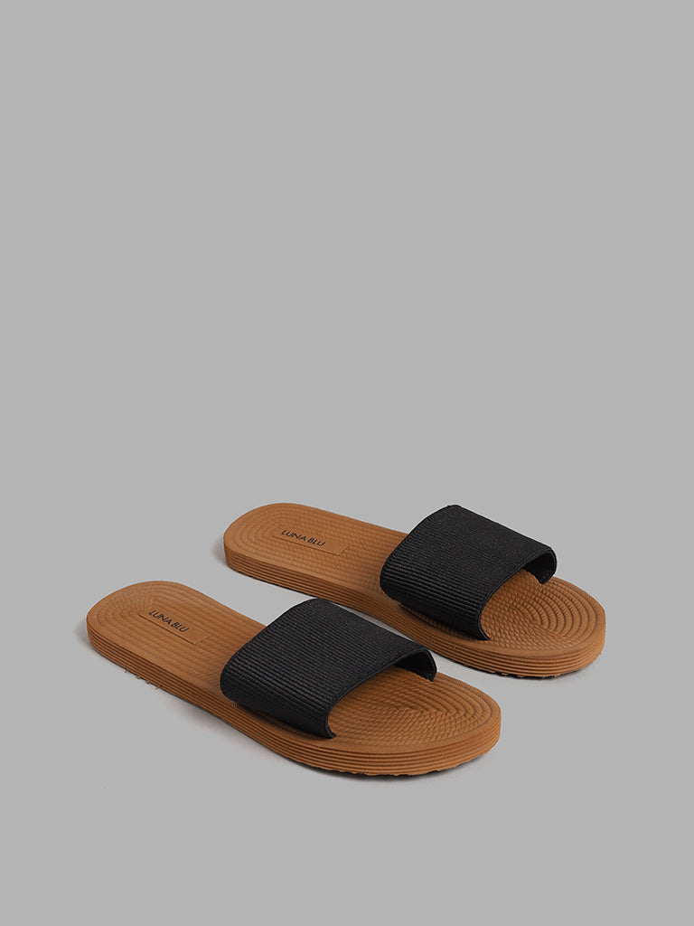 LUNA BLU Black Self-Striped Slides