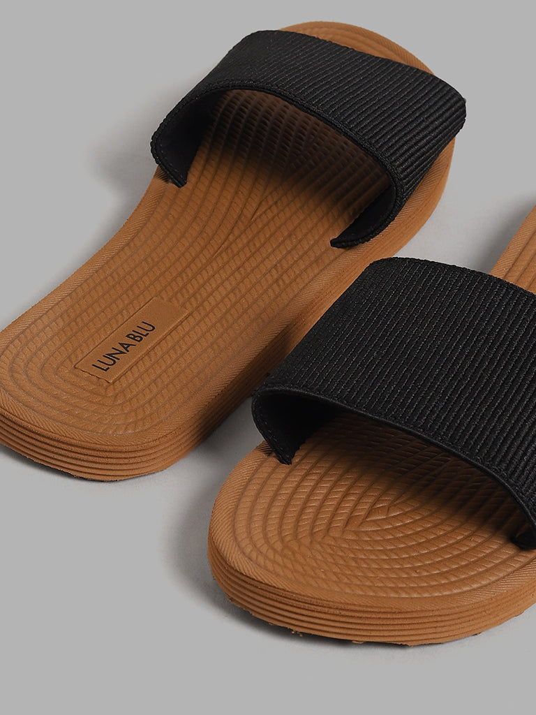 LUNA BLU Black Self-Striped Slides