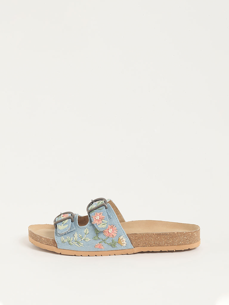 LUNA BLU Blue Embroidered Double Band Sandals