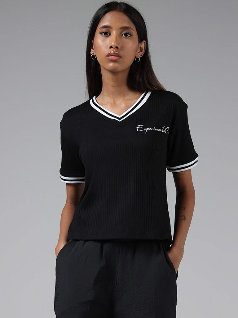 Studiofit Black Self-Striped T-Shirt