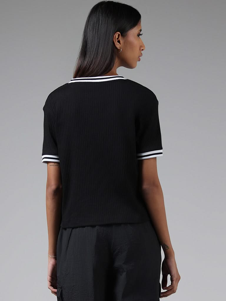 Studiofit Black Self-Striped T-Shirt