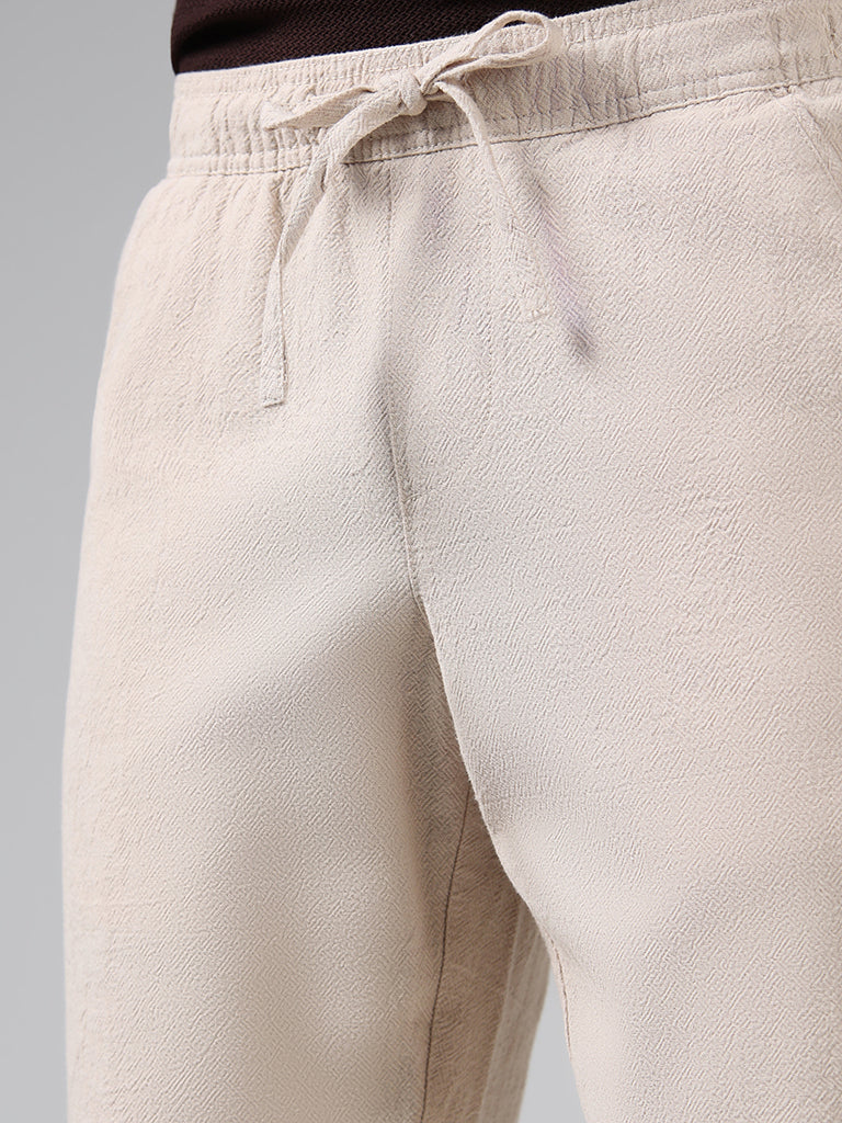 ETA Beige Self-Patterned Cotton Relaxed-Fit Mid-Rise Chinos