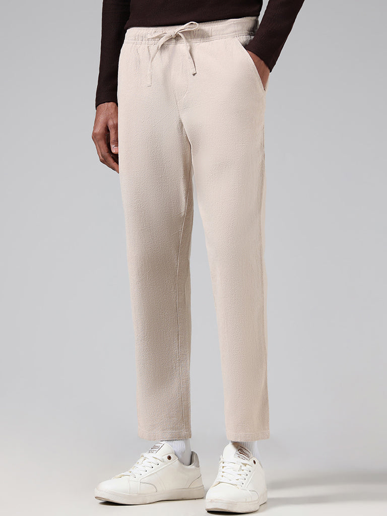 ETA Beige Self-Patterned Cotton Relaxed-Fit Mid-Rise Chinos