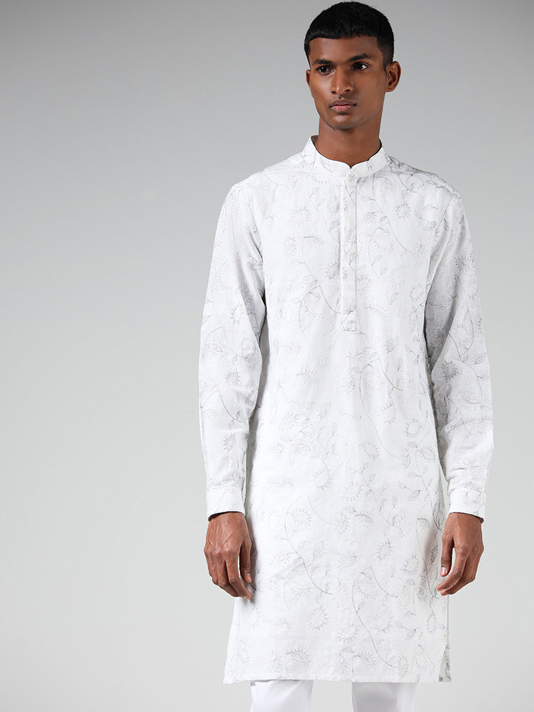 Kala by ETA Off White Floral Printed Cotton Resort-Fit Kurta