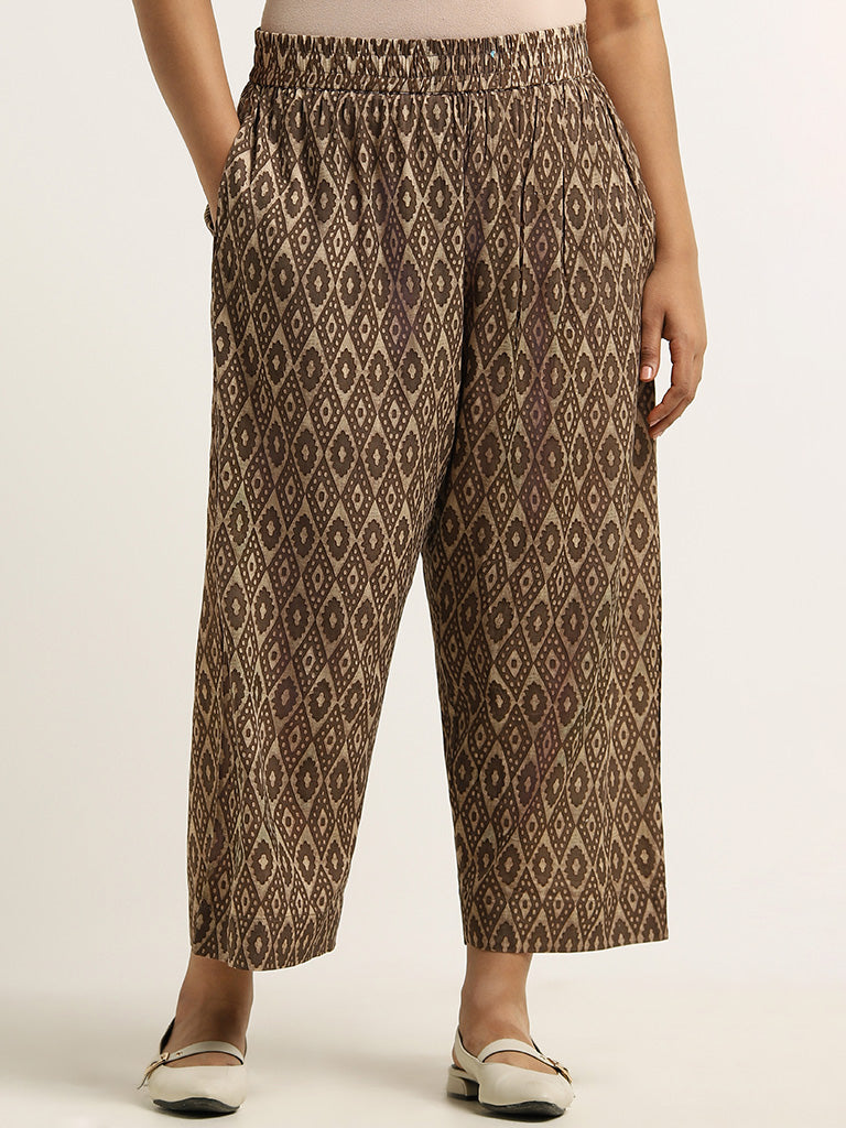 Diza Brown Printed Cotton Straight Pants