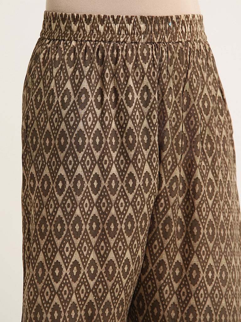 Diza Brown Printed Cotton Straight Pants