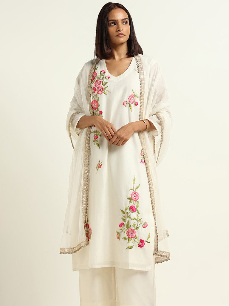 Vark White Kurta, Palazzos & Dupatta Set