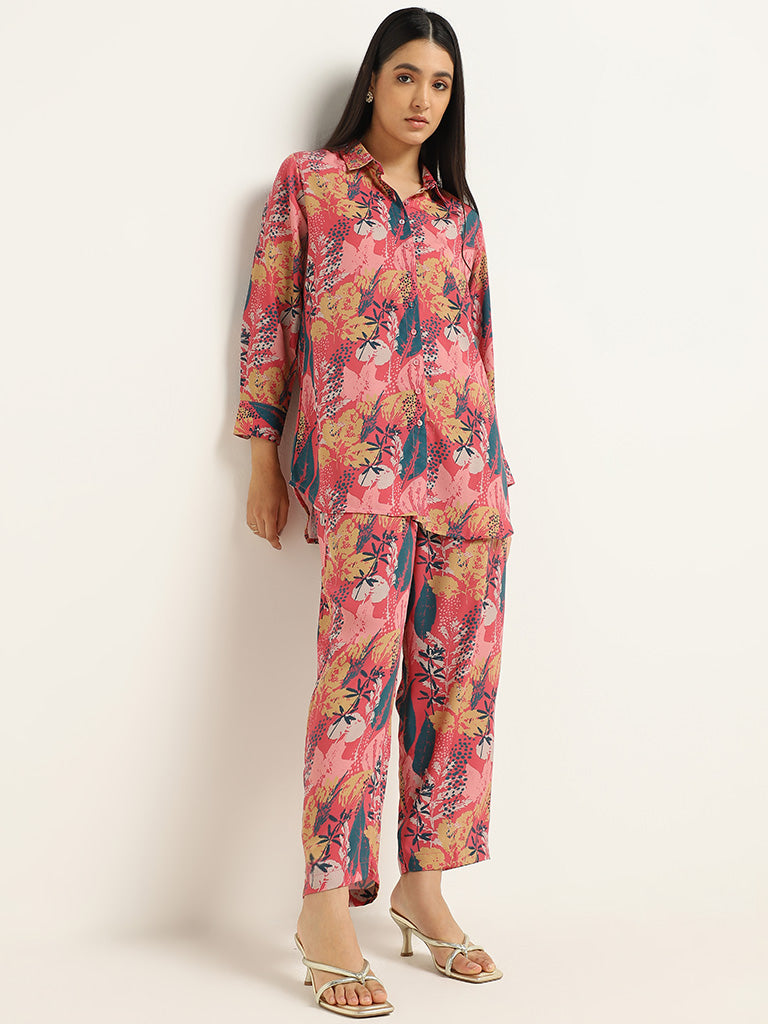 Vark Pink Nature Print Tunic & Pants Set