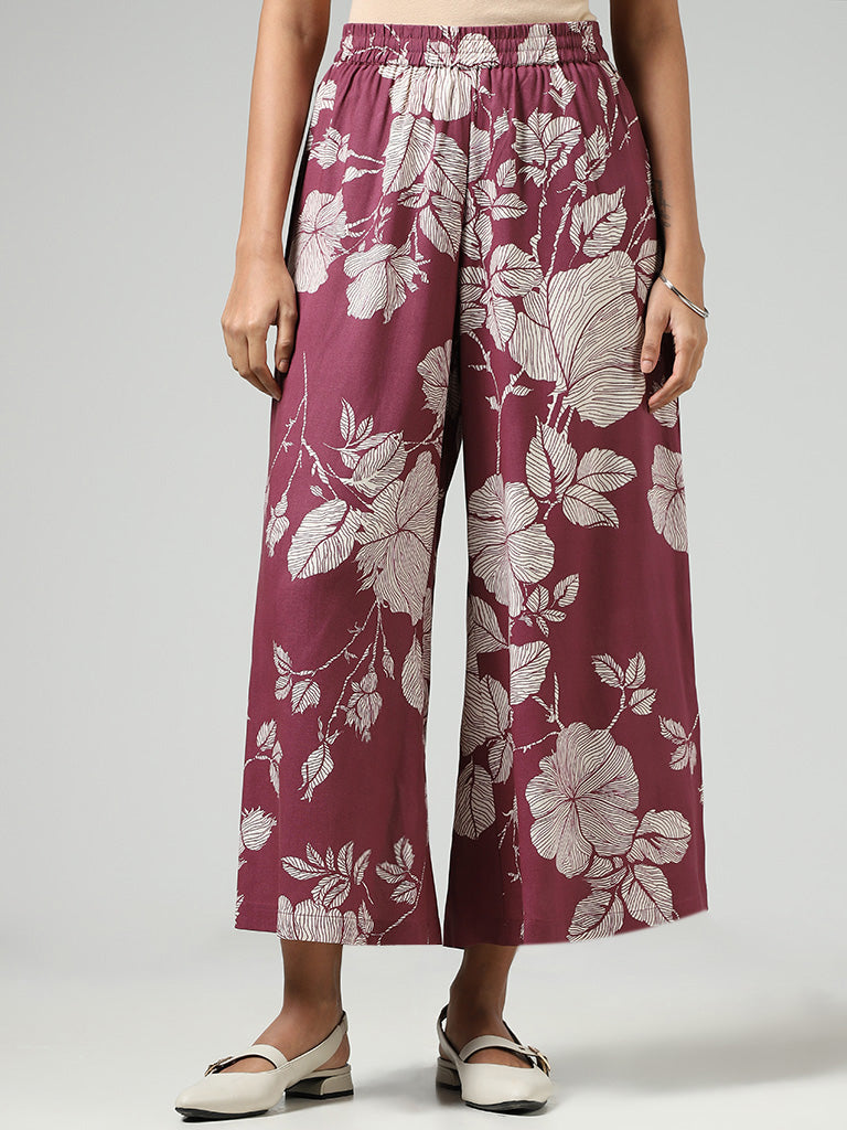 Utsa Wine Bold Floral Printed Palazzos