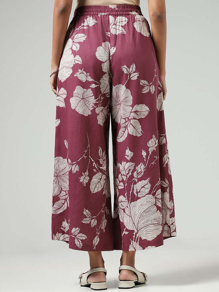 Utsa Wine Bold Floral Printed Palazzos