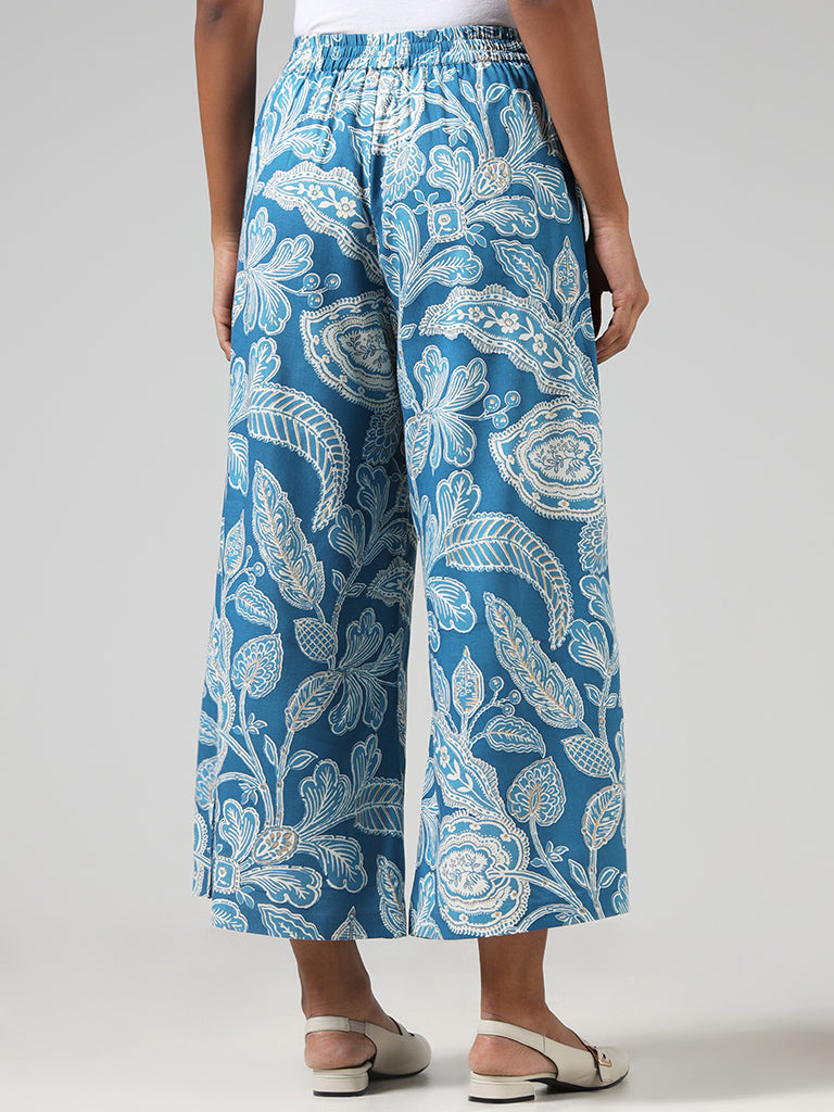 Utsa Blue Floral Printed Mid Rise Palazzos