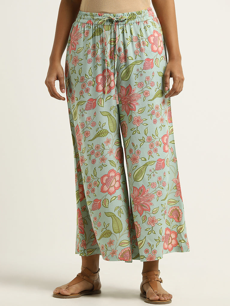 Utsa Blue Floral Printed Palazzos