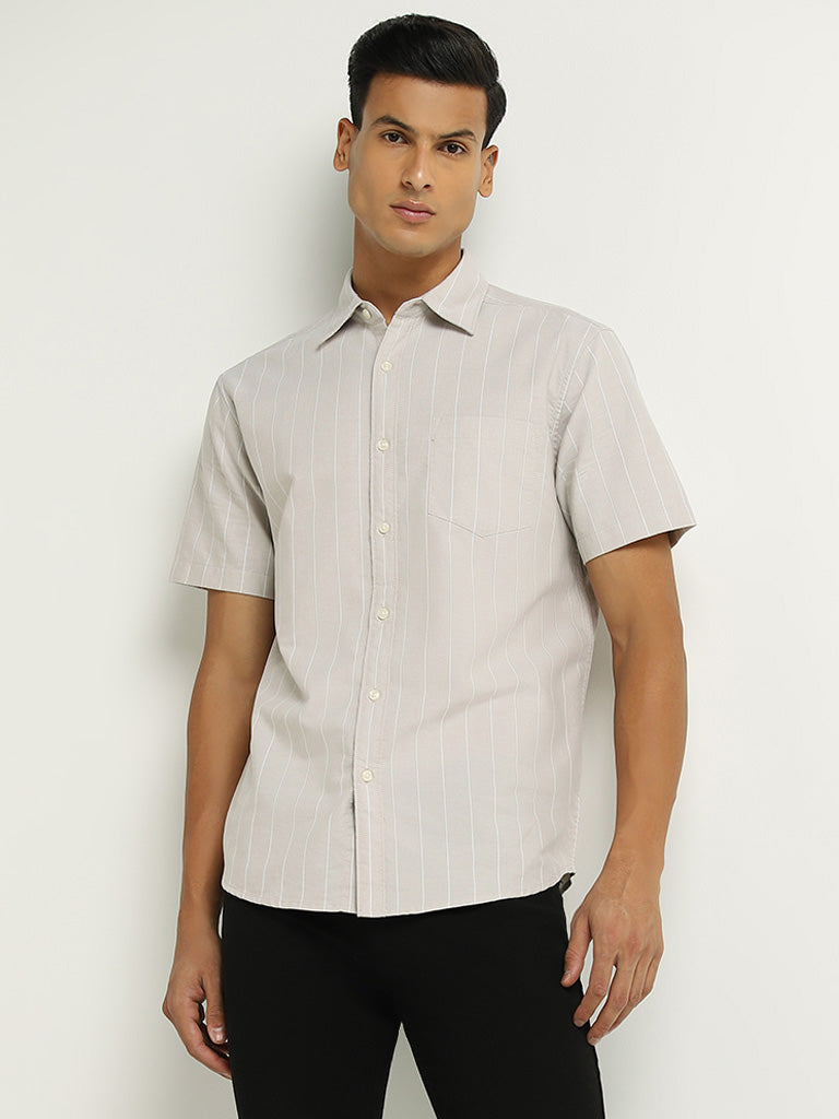 WES Casuals Beige Striped Cotton Relaxed Fit Shirt